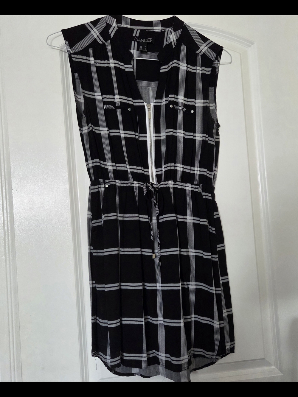 Mandee Black & White Plaid Sleeveless Zip-Front Dress with Tie Waist